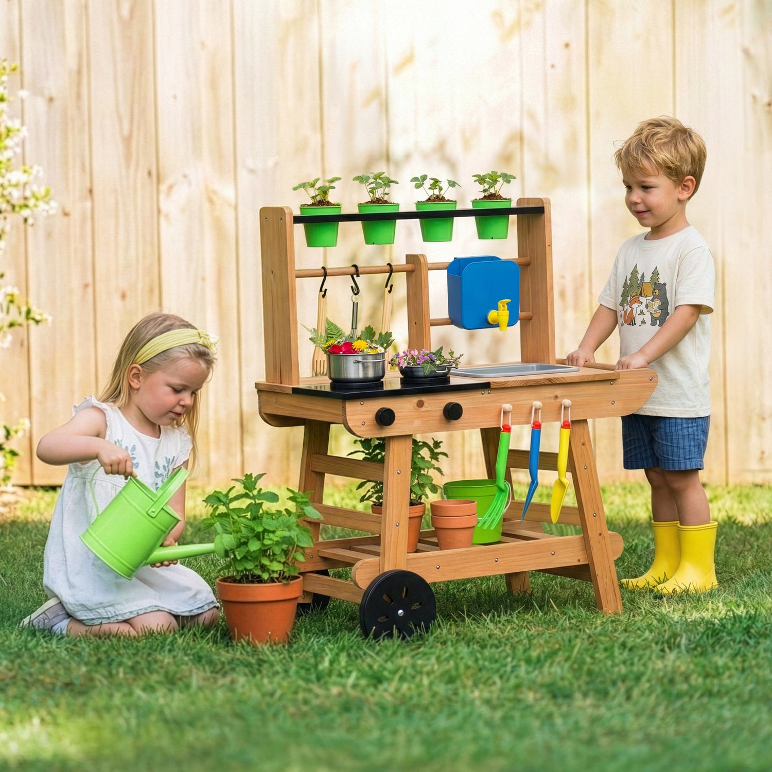 OOOK Kids Mud Kitchen with Wheels,Wooden Outdoor Play Kitchen