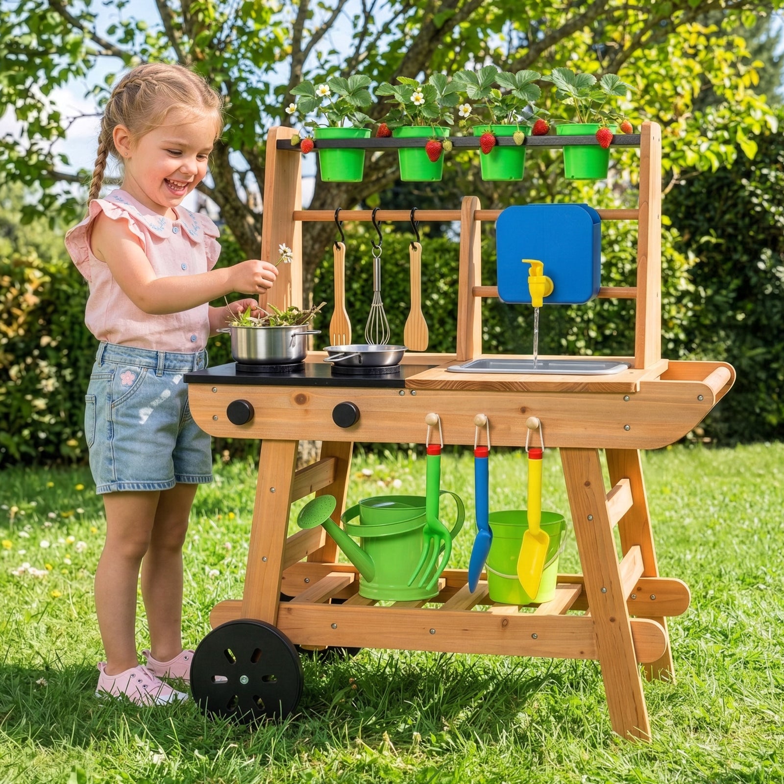 OOOK Kids Mud Kitchen with Wheels,Wooden Outdoor Play Kitchen