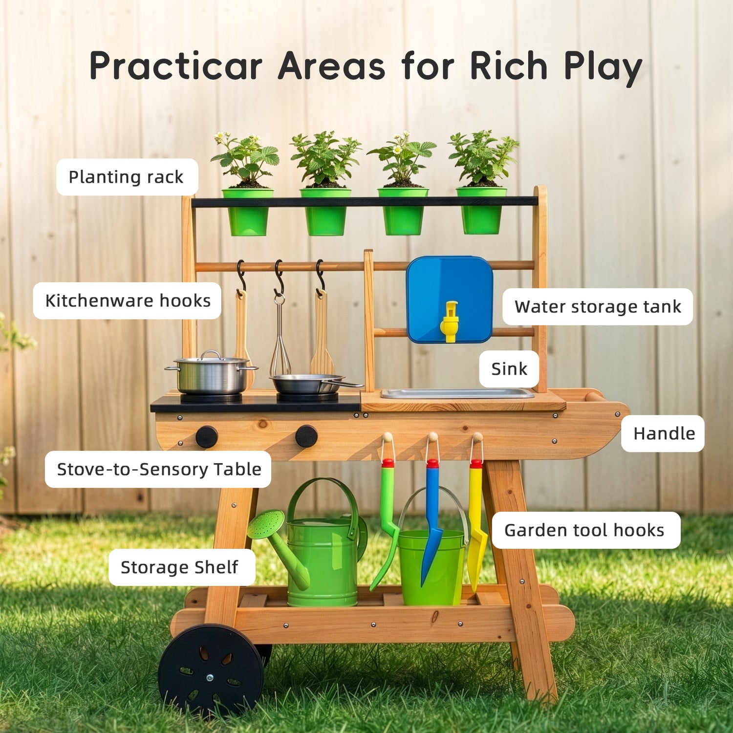 OOOK Kids Mud Kitchen with Wheels,Wooden Outdoor Play Kitchen