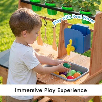 OOOK Kids Mud Kitchen with Wheels,Wooden Outdoor Play Kitchen