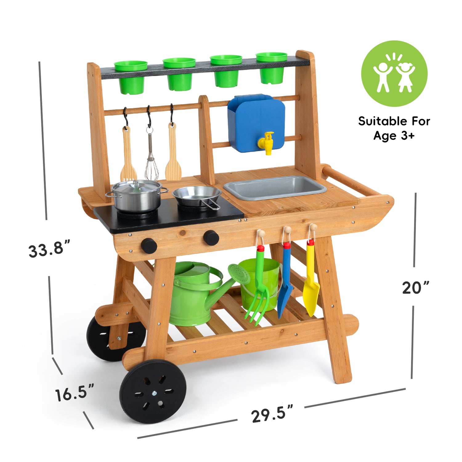 OOOK Kids Mud Kitchen with Wheels,Wooden Outdoor Play Kitchen