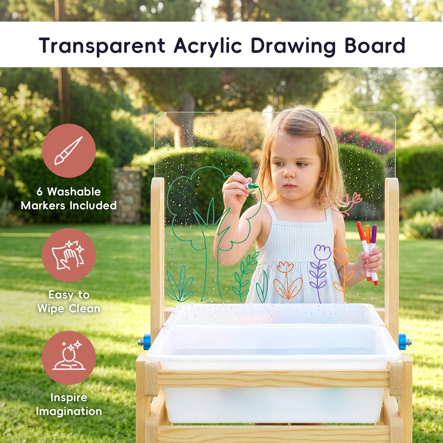 OOOK Wooden Sand and Water Table with 2 Bins, Painting Acrylic Board