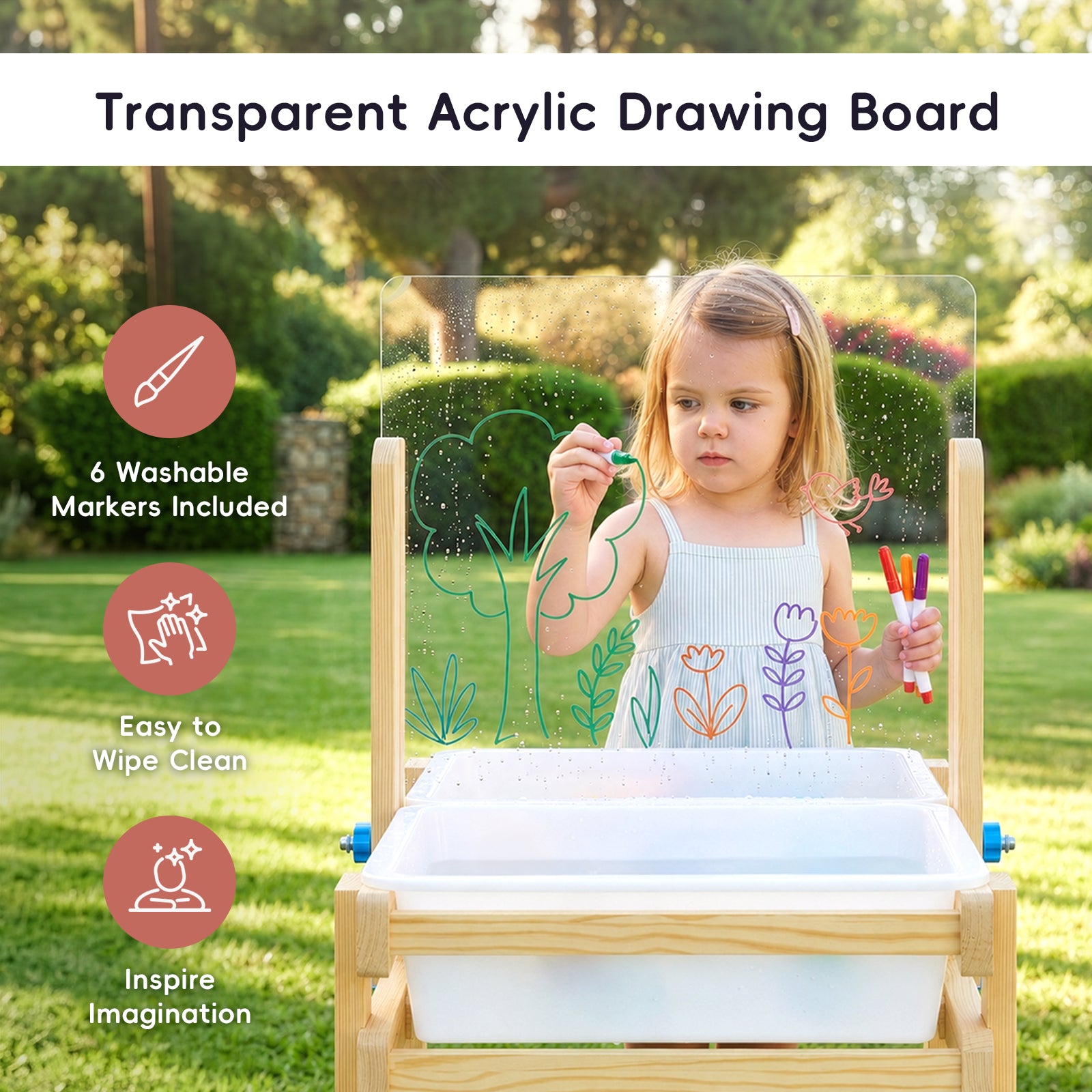 OOOK Wooden Sand and Water Table with 2 Bins, Painting Acrylic Board