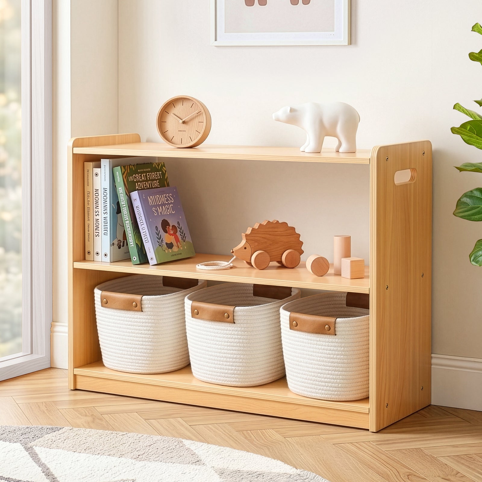 OOOK 2-Tier Plywood Montessori Bookshelf, Double-Sided Toy Organizers and Storage