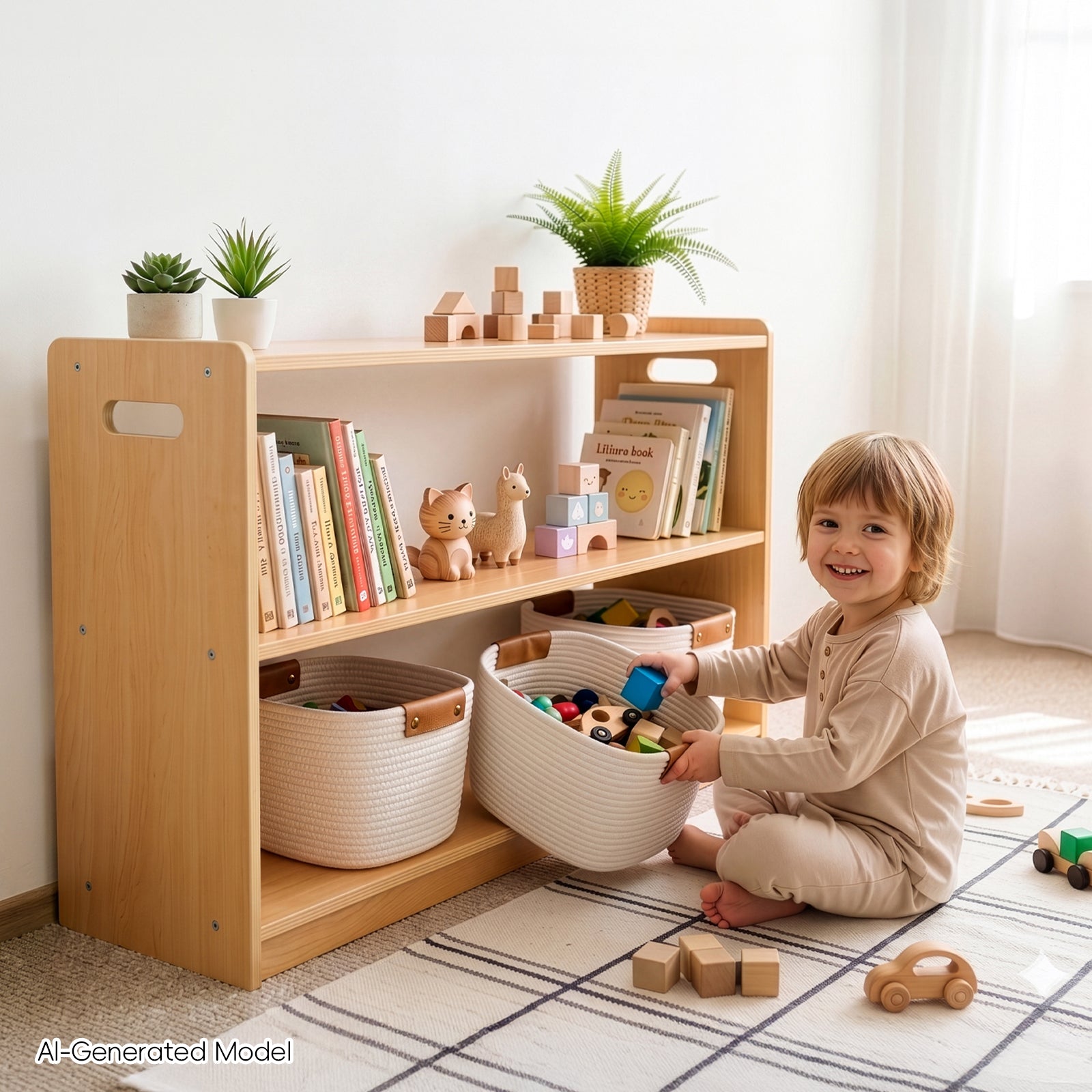 OOOK 2-Tier Plywood Montessori Bookshelf, Double-Sided Toy Organizers and Storage