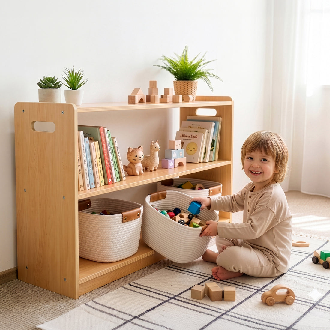 OOOK 2-Tier Plywood Montessori Bookshelf, Double-Sided Toy Organizers and Storage