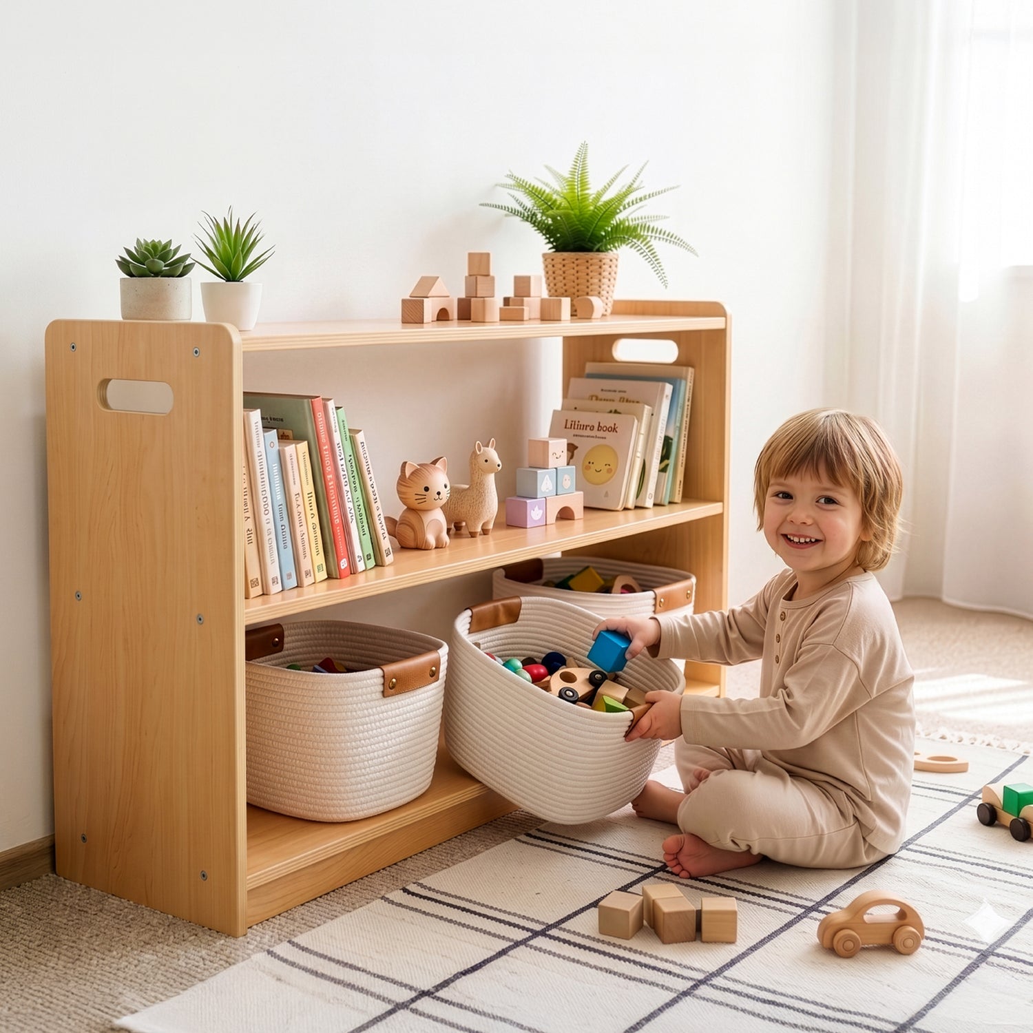 OOOK 2-Tier Plywood Montessori Bookshelf, Double-Sided Toy Organizers and Storage