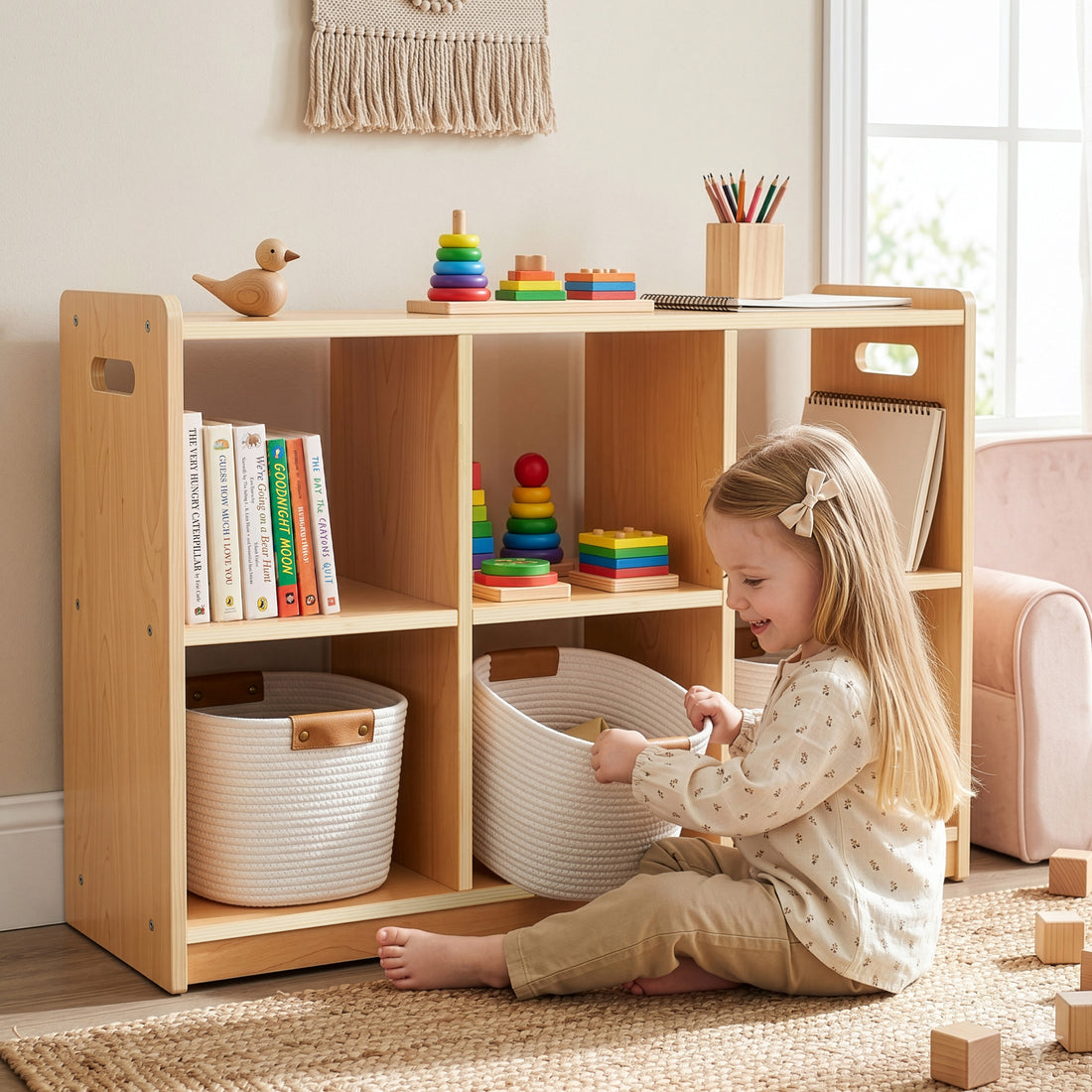 OOOK Plywood Montessori Shelf 6-Section, Double-Sided Montessori Toy Storage and Open Shelf
