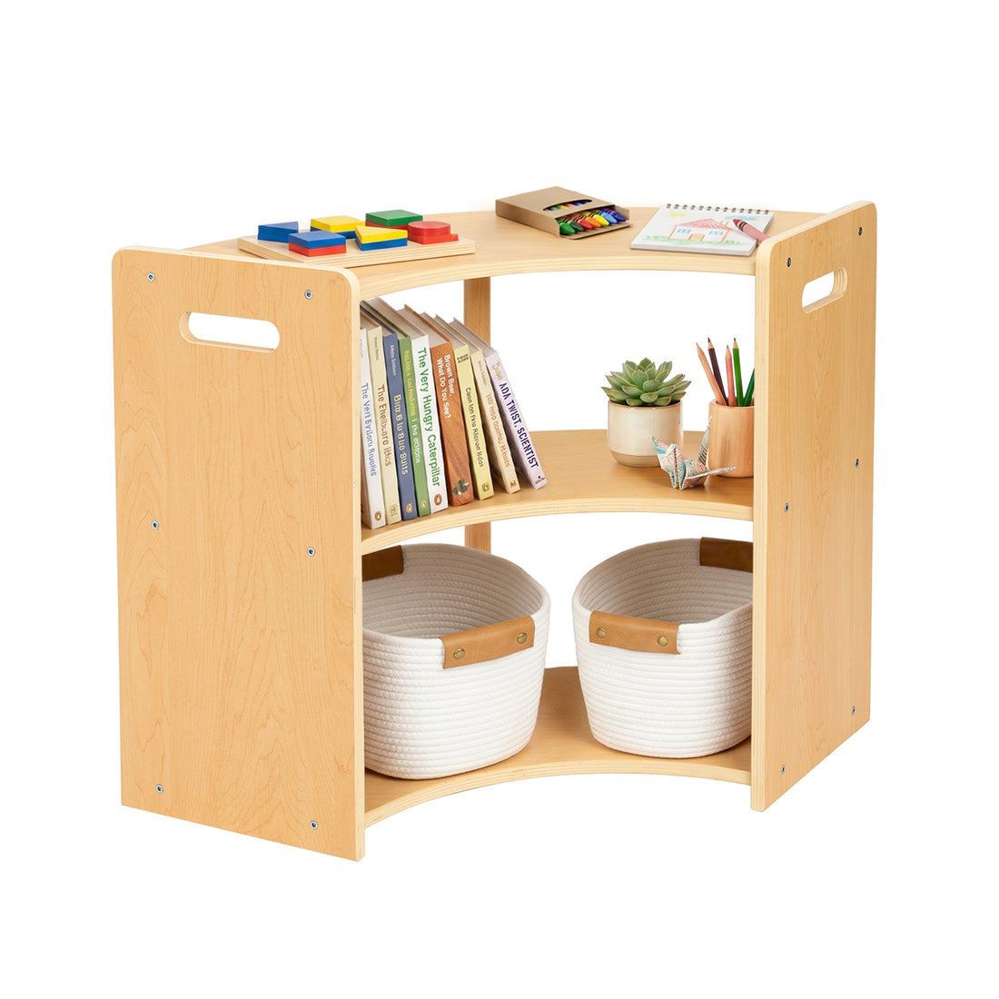 OOOK 2-Tier Plywood Montessori Book Shelf, Corner Arc Cabinet with Open Access,