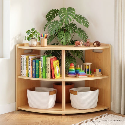 OOOK 2-Tier Plywood Montessori Book Shelf, Corner Arc Cabinet with Open Access,
