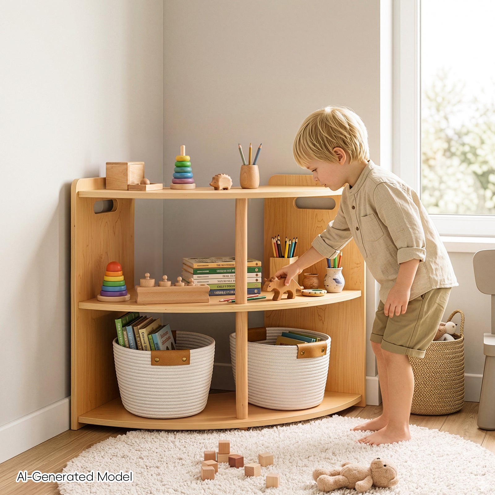 OOOK 2-Tier Plywood Montessori Book Shelf, Corner Arc Cabinet with Open Access,