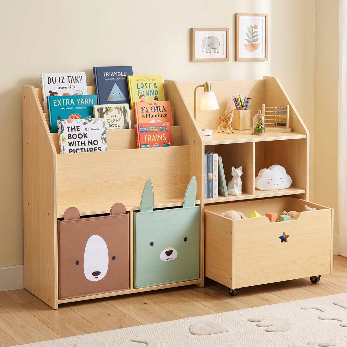 OOOK Plywood Large Montessori Shelf and Toy Storage Organizer with Wood Rolling Bin