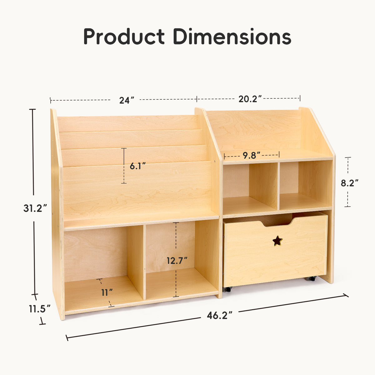 OOOK Plywood Large Montessori Shelf and Toy Storage Organizer with Wood Rolling Bin