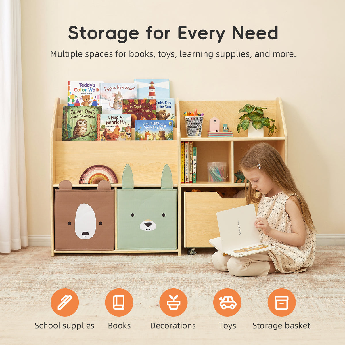 OOOK Plywood Large Montessori Shelf and Toy Storage Organizer with Wood Rolling Bin