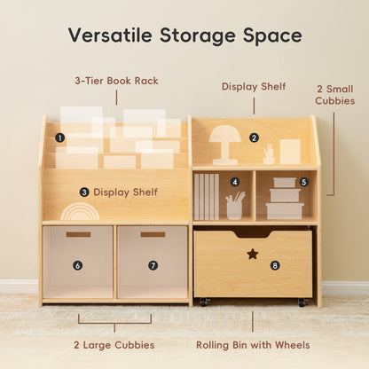 OOOK Plywood Large Montessori Shelf and Toy Storage Organizer with Wood Rolling Bin