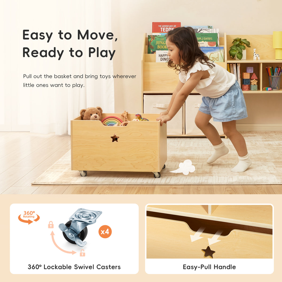 OOOK Plywood Large Montessori Shelf and Toy Storage Organizer with Wood Rolling Bin