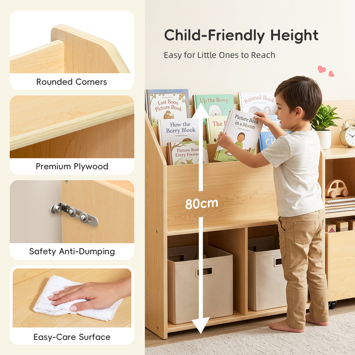 OOOK Plywood Large Montessori Shelf and Toy Storage Organizer with Wood Rolling Bin