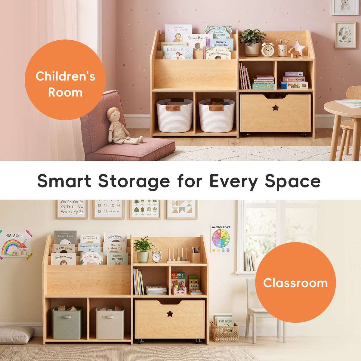 OOOK Plywood Large Montessori Shelf and Toy Storage Organizer with Wood Rolling Bin