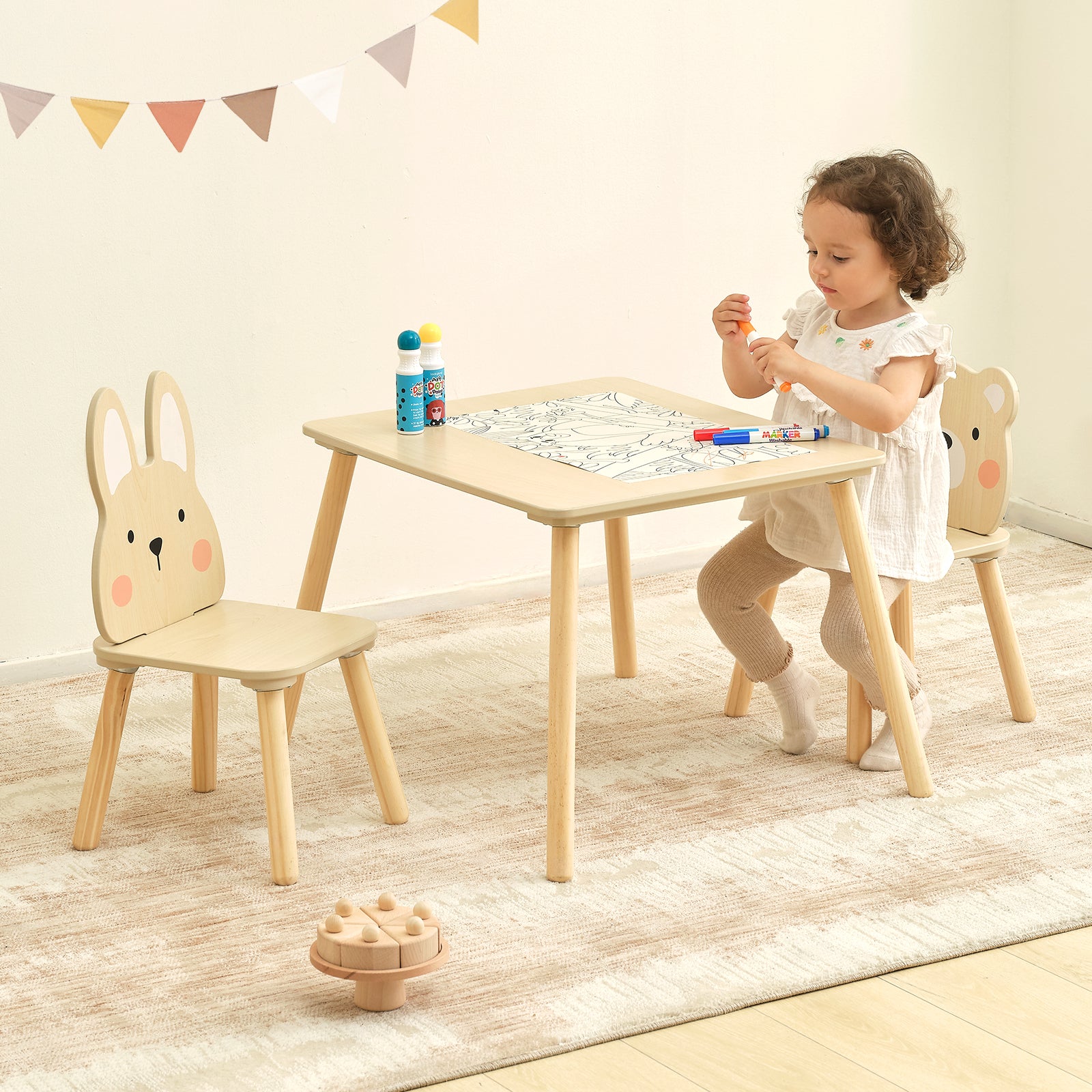 OOOK Wooden Kids Table set, Cute Todder table with 2 Animal Chairs