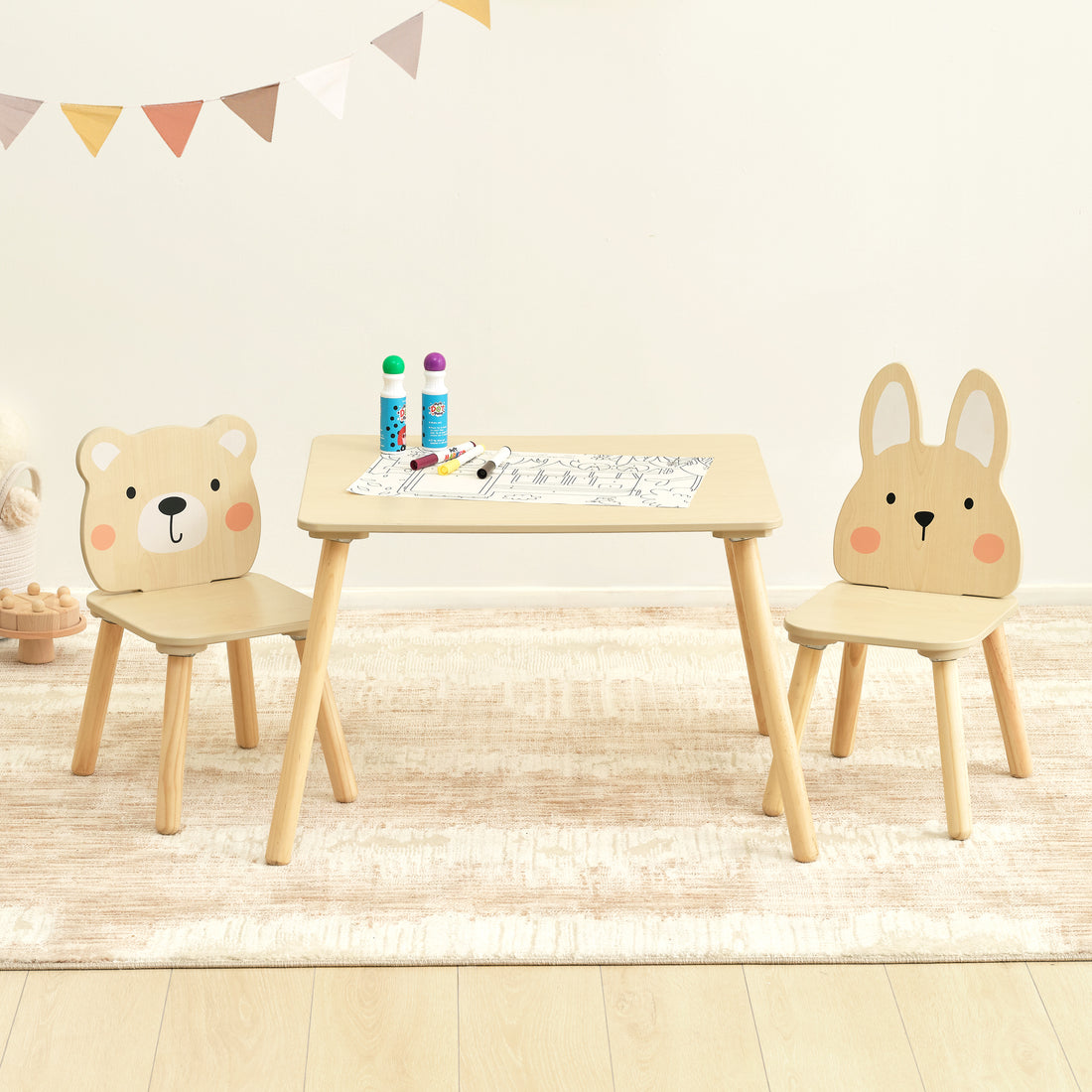 OOOK Wooden Kids Table set, Cute Todder table with 2 Animal Chairs
