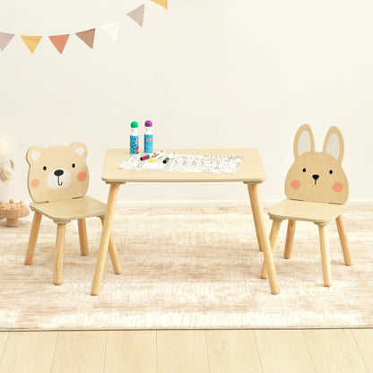 OOOK Wooden Kids Table set, Cute Todder table with 2 Animal Chairs