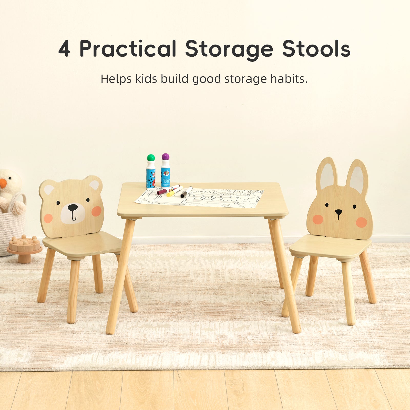 OOOK Wooden Kids Table set, Cute Todder table with 2 Animal Chairs