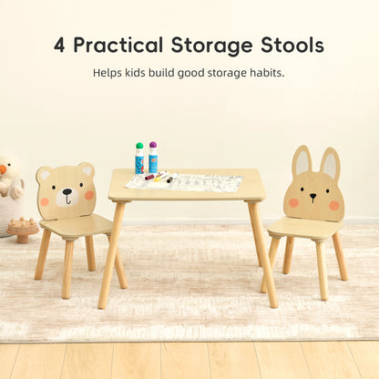 OOOK Wooden Kids Table set, Cute Todder table with 2 Animal Chairs