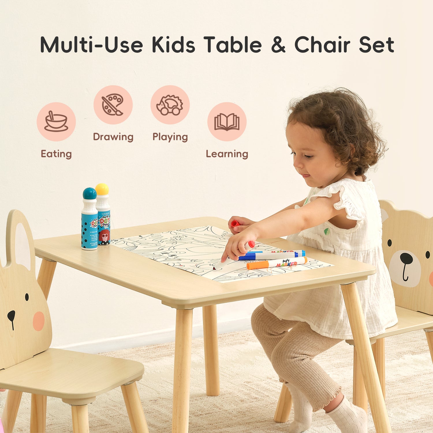 OOOK Wooden Kids Table set, Cute Todder table with 2 Animal Chairs