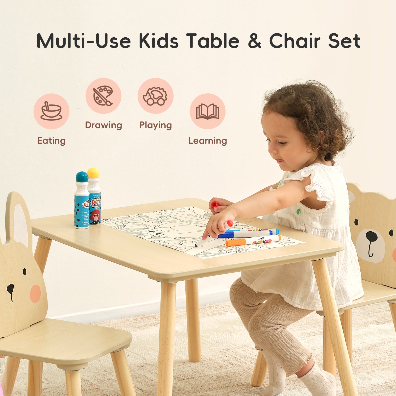 OOOK Wooden Kids Table set, Cute Todder table with 2 Animal Chairs