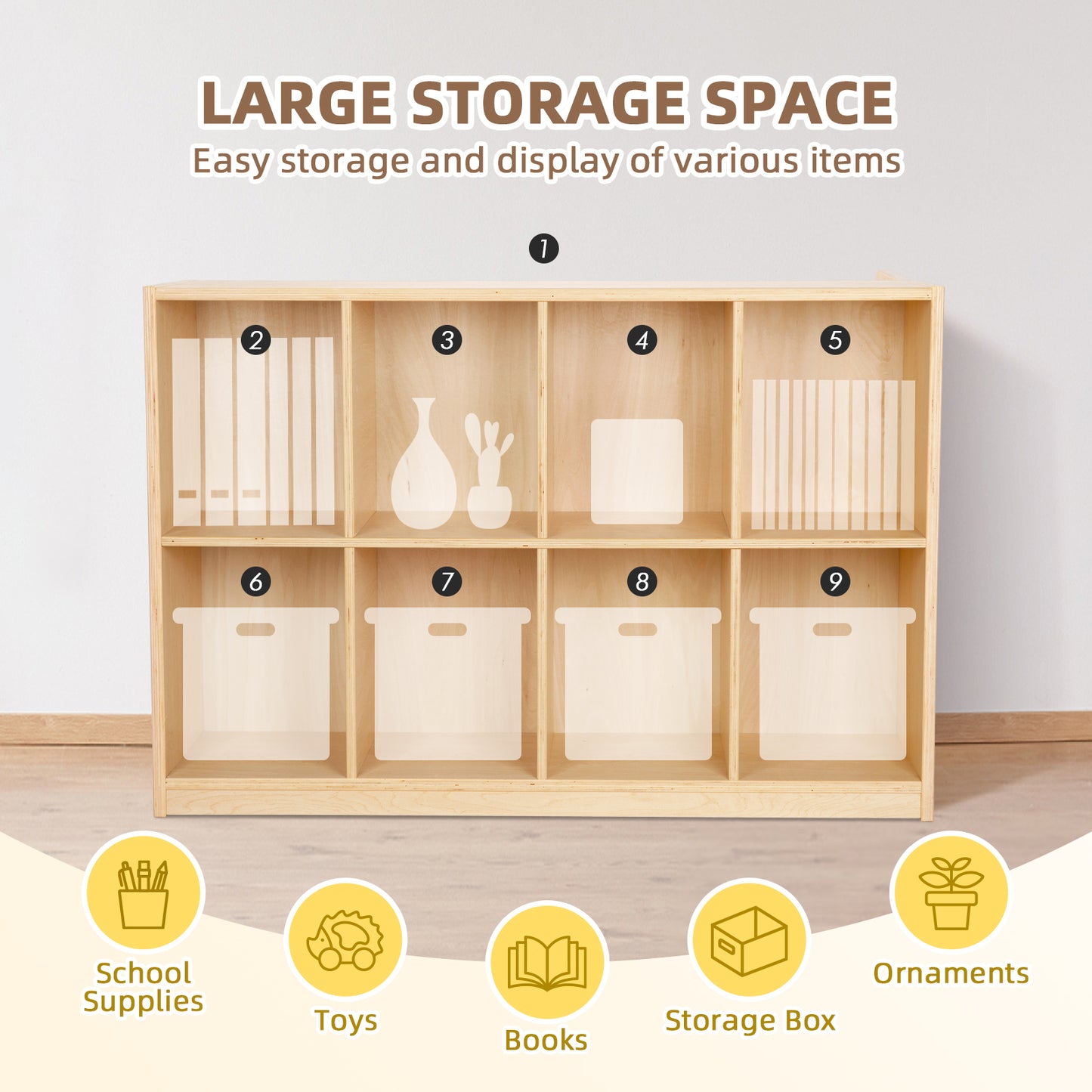 8-Compartment Backpack Wooden Storage Cabinet