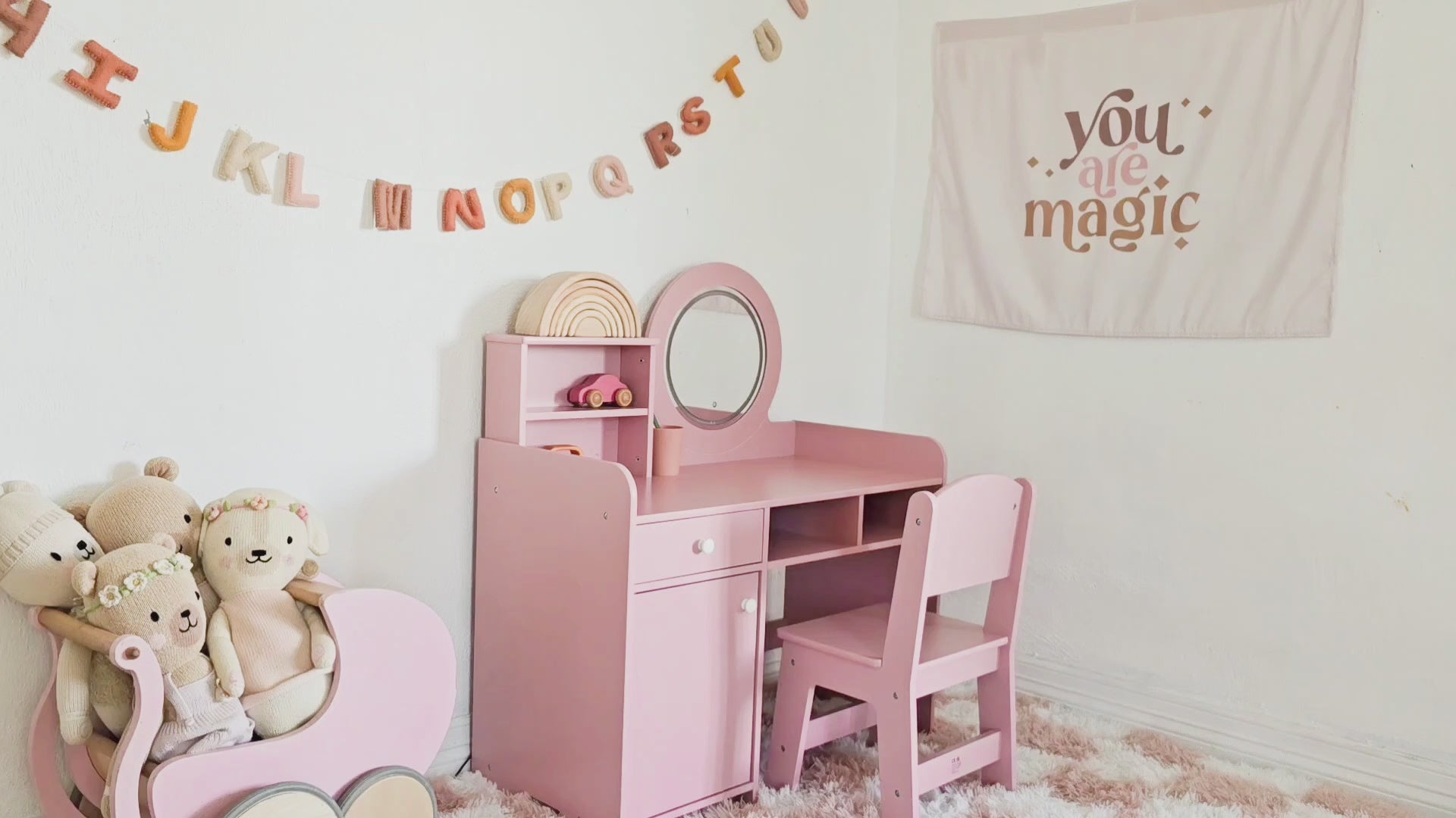OOOK Kids Vanity with Lighted Mirror, PinkToddler Makeup Vanity Table and Chair Set