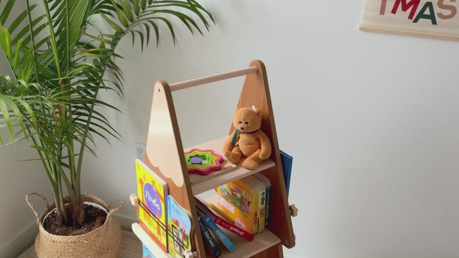 OOOK Pine Wood 4 Tier Rotating Bookshelf Tower