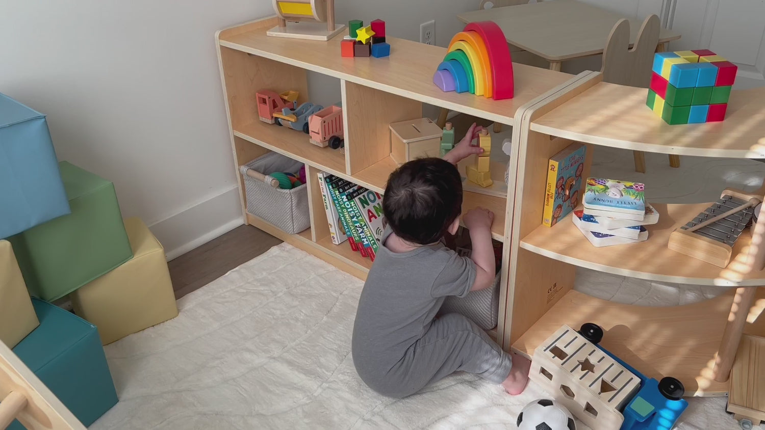 OOOK 2-Tier Plywood Montessori Book Shelf, Corner Arc Cabinet with Open Access,