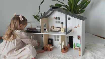 OOOK Wooden Dollhouse, Modern Doll House with 66Pcs Luxurious Furniture Accessories