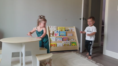OOOK Toddler Table and Chair Set, Wooden Round Table with 4 Storage Stools
